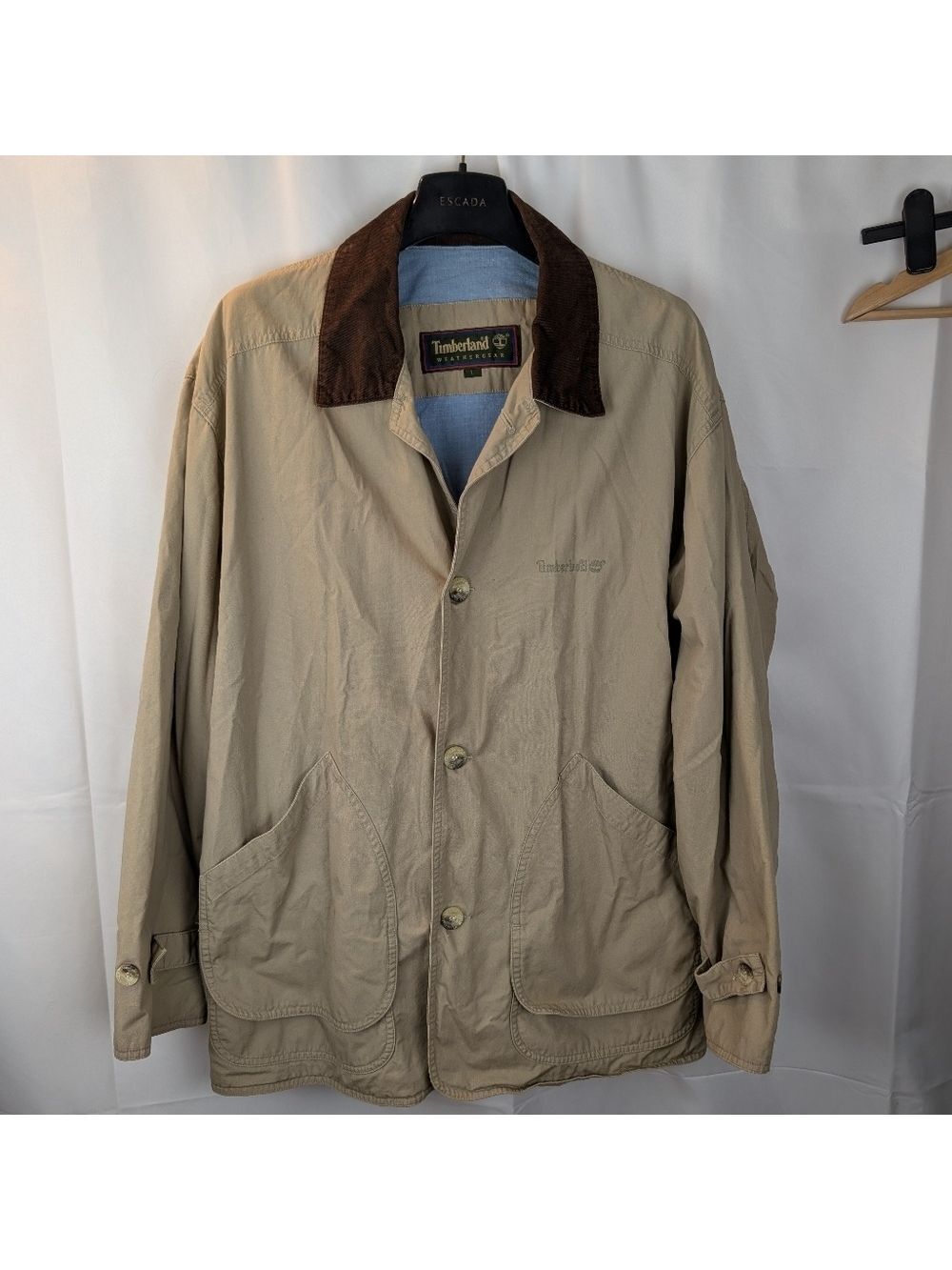 Timberland Vibtage Men's Tan Jacket with Brown Cordyroy Collar Size L In VGUC